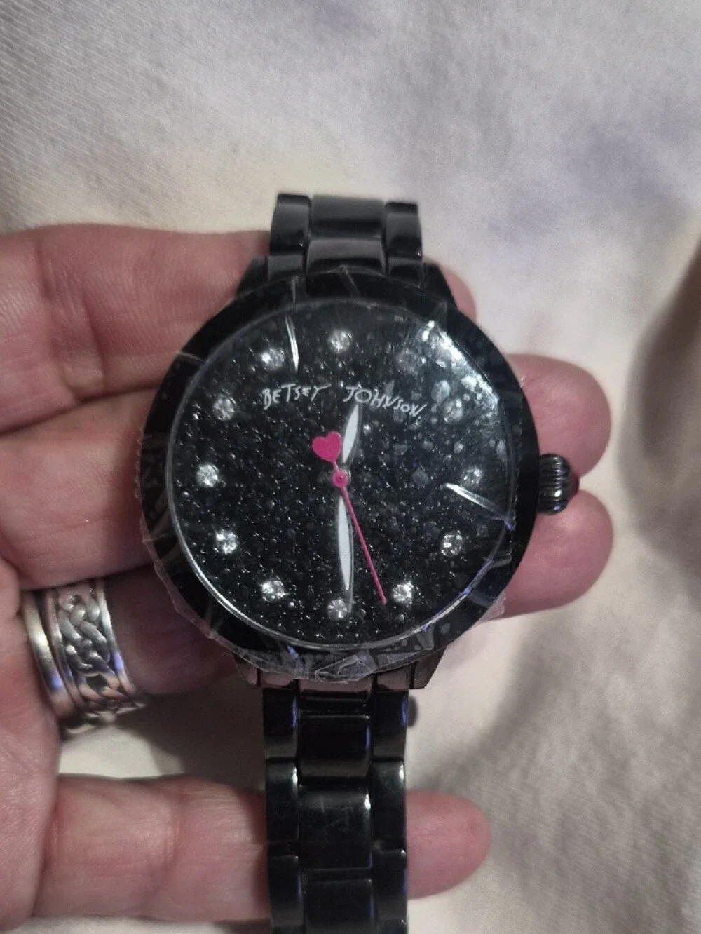 Betsey Johnson Black Crystal Dial Watch with Pink Accents